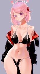 Rule 34 | 1girl, absurdres, bare shoulders, bikini, black bikini, black jacket, blue archive, blush, breasts, cleavage, closed mouth, collarbone, cowboy shot, crotch zipper, eimi (blue archive), gluteal fold, grey background, groin, halo, highres, jacket, kazane-wind, large breasts, long sleeves, looking at viewer, navel, open clothes, open jacket, pink hair, purple eyes, short hair, simple background, sleeves past wrists, solo, stomach, swimsuit, unzipped, zipper