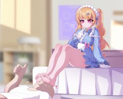 Rule 34 | 1boy, 1girl, absurdres, barefoot, bed, blonde hair, blush, feet, highres, long hair, red eyes, soles, steam, thumbs up, toes, twintails, yao (pixiv9482697)