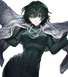 Rule 34 | 1girl, black dress, black hair, breasts, closed mouth, coat, coat on shoulders, dated, dress, fubuki (one-punch man), green eyes, grey coat, hair between eyes, highres, jewelry, looking at viewer, mary felizola, medium breasts, necklace, one-punch man, short hair, signature, simple background, solo, white background