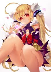 Rule 34 | 1girl, ahoge, azur lane, bare shoulders, blonde hair, blush, closed mouth, commentary request, detached sleeves, dress, eldridge (azur lane), facial mark, fur-trimmed sleeves, fur trim, hair ornament, hand up, head tilt, heart, holding, karinto yamada, long hair, long sleeves, looking at viewer, magical girl, purple dress, red eyes, sitting, sleeveless, sleeveless dress, solo, thighs, twintails, very long hair
