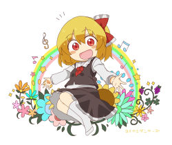 Rule 34 | 1girl, :d, ascot, black skirt, black vest, blonde hair, blush, breasts, collared shirt, commentary request, flower, frilled skirt, frills, hair ribbon, highres, long sleeves, looking at viewer, musical note, open mouth, outstretched arms, rainbow, red ascot, red eyes, red ribbon, ribbon, rumia, shirt, short hair, simple background, sitting, skirt, small breasts, smile, socks, solo, totoharu (kujirai minato), touhou, vest, white background, white shirt, white socks, yokozuwari