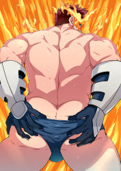 Rule 34 | 1boy, absurdres, ass, ass focus, ass grab, back, bara, blue eyes, blue male underwear, boku no hero academia, bulge, cowboy shot, endeavor (boku no hero academia), from behind, highres, looking back, male focus, male underwear, mature male, mazjojo, muscular, muscular male, red hair, grabbing own breast, short hair, solo, spiked hair, thick thighs, thighs, underwear, underwear only