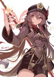 Rule 34 | 1girl, black hat, black nails, blurry, brown coat, brown hair, brown shorts, bug, butterfly, closed mouth, coat, coattails, depth of field, flower, flower-shaped pupils, genshin impact, hair between eyes, hat, hat flower, hat tassel, holding, holding polearm, holding weapon, hu tao (genshin impact), insect, long hair, long sleeves, orange eyes, polearm, shorts, simple background, solo, symbol-shaped pupils, twintails, weapon, white background, yuanzazhihuishuijiao