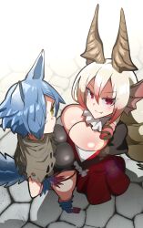 Rule 34 | 2girls, animal ears, annoyed, black leotard, black sleeves, blonde hair, blue hair, blush stickers, breast press, breasts, brown cloak, clawed feet, cloak, closed mouth, cobblestone, drill hair, fang, fins, frilled sleeves, frills, head fins, highres, holes, jari (1986), juliet sleeves, large breasts, leotard, long hair, long sleeves, looking at viewer, looking up, lunagaron, malzeno (monster hunter), medium breasts, monster hunter (series), monster hunter rise, multicolored hair, multiple girls, one eye covered, personification, puffy sleeves, red eyes, red hair, short hair, slit pupils, smile, tail, two-tone hair, wolf ears, yellow eyes