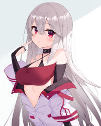Rule 34 | 1girl, bare shoulders, black choker, breasts, bridal gauntlets, choker, cleavage, commission, criss-cross halter, crop top, finger to cheek, hair between eyes, halterneck, hand up, highres, indie virtual youtuber, jacket, large breasts, long hair, looking at viewer, midriff, mizuz, off shoulder, open clothes, open jacket, parted lips, pixiv commission, red eyes, silver hair, sleeveless, solo, spaghetti strap, upper body, very long hair, virtual youtuber, white jacket, zhiyou ruozhe