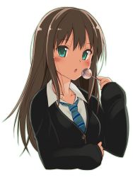 Rule 34 | 10s, 1girl, :o, aqua eyes, blush, brown hair, green eyes, highres, idolmaster, idolmaster cinderella girls, long hair, looking at viewer, necktie, objectification, ohta yuichi, open mouth, producer (idolmaster), producer (idolmaster cinderella girls anime), school uniform, shibuya rin, simple background, solo, upper body, when you see it, white background