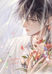 Rule 34 | 1boy, absurdres, bai liu, bishounen, black hair, collared shirt, falling petals, flower, happy birthday, highres, i became a god in a horror game, looking to the side, male focus, petals, red flower, red rose, rose, shirt, short hair, solo, upper body, veil, weibo 2267015105