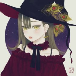 Rule 34 | 1girl, absurdres, black hat, black ribbon, blonde hair, bra, bra strap, choker, circle, collarbone, commentary, dress, earrings, frilled choker, frilled dress, frills, hat, hat feather, highres, jewelry, lace, lace-trimmed bra, lace trim, looking at viewer, medium hair, neck ribbon, off-shoulder dress, off shoulder, original, outside border, parted lips, peacock feathers, purple background, red choker, red dress, ribbon, seal impression, sky, solo, star (sky), star (symbol), starry background, starry sky, two-sided fabric, two-sided headwear, underwear, upper body, ushiyama ame, witch, witch hat, yellow eyes