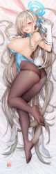 Rule 34 | 1girl, absurdly long hair, animal ears, areola slip, arona (blue archive), ass, asuna (blue archive), asuna (bunny) (blue archive), blonde hair, blue archive, blue eyes, blue leotard, blush, censored, dakimakura (medium), detached collar, elbow gloves, fake animal ears, fake tail, full body, gloves, halo, highres, leotard, long hair, looking at viewer, obiwan, on bed, open mouth, pantyhose, playboy bunny, rabbit ears, rabbit tail, shoes, unworn shoes, solo, tail, very long hair, weisuoxin, white footwear