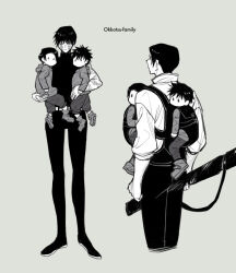 Rule 34 | 1girl, 3boys, baby carry, burn scar, carrying, carrying multiple people, carrying person, child, family, greyscale with colored background, holding, holding sword, holding weapon, hood, hoodie, if they mated, jujutsu kaisen, light brown background, long sleeves, merushii (raynyhigher), multiple boys, okkotsu yuuta, scar, sheath, sheathed, short hair, simple background, spoilers, sword, weapon, zen&#039;in maki