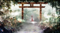 Rule 34 | 1girl, akyuun, arms at sides, bamboo, bamboo forest, bare tree, black hair, bow, commentary, day, detached sleeves, english commentary, engrish commentary, facing away, fog, forest, from behind, gohei, hair bow, hakurei reimu, highres, landscape, light particles, nature, outdoors, pantyhose, path, red skirt, red vest, ribbon-trimmed sleeves, ribbon trim, road, shide, short hair, skirt, solo, torii, touhou, tree, vest, white pantyhose