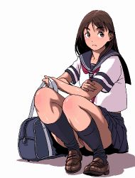 Rule 34 | 1girl, aliasing, artist request, bag, blush, brown eyes, brown hair, cleft of venus, female focus, full body, hand on own arm, holding, holding bag, long hair, looking away, lowres, neckerchief, no panties, original, pleated skirt, pussy, sailor collar, school bag, school uniform, serafuku, shirt, shoes, short sleeves, simple background, skirt, socks, solo, squatting, uncensored, white background