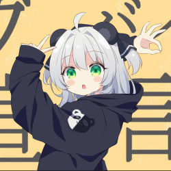 Rule 34 | 1girl, absurdres, ahoge, animal ears, arms up, black hoodie, blush stickers, brown background, goodbye sengen (vocaloid), green eyes, grey hair, hair intakes, highres, hood, hood down, hoodie, ikazu401, long hair, long sleeves, looking at viewer, ok sign, open mouth, original, puffy long sleeves, puffy sleeves, sleeves past wrists, solo, teeth, text background, two side up, upper body, upper teeth only, v, vocaloid