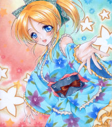Rule 34 | 10s, 1girl, :d, ayase eli, blonde hair, blue eyes, blush, colored pencil (medium), floral print, frilled kimono, frills, gradient background, hair between eyes, japanese clothes, kimono, looking at viewer, love live!, love live! school idol festival, love live! school idol project, marker (medium), obi, open mouth, ponytail, ren (endscape20), sash, smile, solo, traditional media