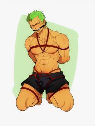Rule 34 | 1boy, abs, arms behind back, bara, bluefriedchick, blush, crotch bondage, full body, gagged, green hair, highres, kneeling, looking at viewer, male focus, navel, nipples, one piece, pectorals, pubic stubble, red rope, rope, roronoa zoro, scar, scar across eye, shibari, short hair, solo, toned, toned male, v-taper