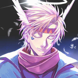 Rule 34 | 1boy, blonde hair, blue background, caesar anthonio zeppeli, closed eyes, closed mouth, facial mark, facing viewer, feather hair ornament, feathers, gradient background, hair ornament, halo, headband, highres, jojo no kimyou na bouken, male focus, portrait, short hair, smile, solo, you shikage