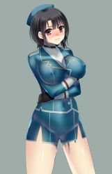 Rule 34 | 10s, 1girl, bad id, bad pixiv id, black gloves, black hair, blush, bodypaint, breasts, crossed arms, eko, gloves, hat, kantai collection, large breasts, looking at viewer, naked paint, navel, nipples, nude, paint stains, painted clothes, pussy, red eyes, short hair, solo, takao (kancolle), thighhighs, uncensored