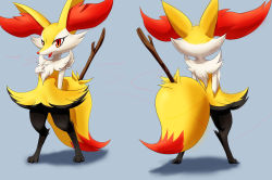 Rule 34 | 1girl, animal ear fluff, animal ears, animal hands, animal nose, artist name, black fur, blue background, body fur, braixen, creatures (company), eryz, fangs, female focus, flat chest, fox ears, fox girl, fox tail, from behind, full body, furry, furry female, game freak, gen 6 pokemon, hand on own chest, hand up, happy, highres, legs apart, looking at viewer, multiple views, nintendo, open mouth, pokemon, pokemon (creature), red eyes, signature, simple background, smile, snout, standing, stick, tail, white fur, yellow fur