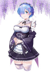 Rule 34 | 1girl, absurdres, apron, black dress, black ribbon, blue eyes, blue hair, breasts, cleavage, closed mouth, commentary request, cropped legs, detached collar, detached sleeves, dress, flower knot, frilled dress, frills, hair ornament, hair over one eye, hair ribbon, hairband, highres, joehongtee, large breasts, lolita hairband, long sleeves, maid, neck ribbon, own hands together, purple ribbon, re:zero kara hajimeru isekai seikatsu, rem (re:zero), ribbon, ribbon-trimmed sleeves, ribbon trim, short hair, simple background, smile, solo, thighhighs, underbust, waist apron, white apron, white background, white thighhighs, x hair ornament, zettai ryouiki