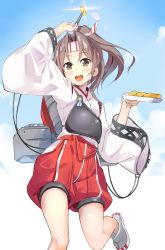 Rule 34 | 10s, 1girl, arm up, blue sky, brown eyes, brown hair, chopsticks, cloud, day, food, hachimaki, headband, high ponytail, japanese clothes, kantai collection, leg up, long hair, long sleeves, looking at viewer, machinery, maji (etonato), muneate, omelet, open mouth, ponytail, round teeth, sandals, sky, smile, socks, solo, sparkle, tamagoyaki, teeth, white socks, wide sleeves, zuihou (kancolle)