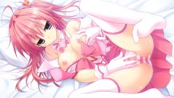 Rule 34 | 1girl, ahoge, bed, bow, breasts, breasts out, chikotam, clothed masturbation, clothes lift, detached collar, female masturbation, from above, game cg, gloves, grabbing own breast, hair between eyes, hair bow, hair ornament, half updo, heart, heart hair ornament, himenomi miruku, kino (kino konomi), kino konomi, legs up, long hair, lying, masturbation, masturbation through clothes, nipples, panties, parasol (company), pink eyes, pink hair, pink panties, side ponytail, skirt, skirt lift, solo, spread legs, striped clothes, striped panties, sweat, thighhighs, underwear, upskirt, wet, wet clothes, wet panties, yumekoi