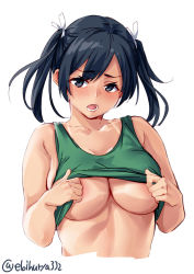 Rule 34 | 1girl, areola slip, bare arms, bare shoulders, bikini tan, blue eyes, blue hair, blush, breast press, breasts, cleavage, collarbone, crop top, cropped torso, ebifurya, embarrassed, highres, kantai collection, large breasts, lifting own clothes, looking at viewer, no bra, open mouth, sideboob, simple background, sleeveless, solo, souryuu (kancolle), tan, tank top, tanline, twintails, upper body, white background