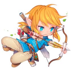 Rule 34 | 1boy, aiming, arrow (projectile), belt, blonde hair, blue eyes, blue tunic, boots, bow (weapon), earrings, fa8072, falling leaves, floating hair, holding, holding arrow, holding bow (weapon), holding weapon, jewelry, leaf, link, male focus, nintendo, pants, pointy ears, solo, strap, sword, the legend of zelda, the legend of zelda: breath of the wild, weapon