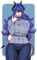 Rule 34 | 1girl, black pants, blue hair, borrowed character, breast hold, breasts, butter sugoi, commentary request, covered erect nipples, cowboy shot, curly hair, demon girl, demon horns, demon tail, finger in own mouth, grey sweater, highres, horns, huge breasts, long hair, open mouth, original, pants, purple eyes, ribbed sweater, side slit, solo, sweater, tail, turtleneck, turtleneck sweater
