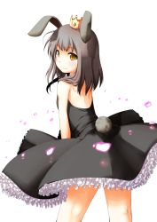 Rule 34 | 1girl, ac japan, animal ears, arigato usagi, back, bare shoulders, black hair, crown, dress, from behind, highres, long hair, looking back, personification, rabbit ears, rabbit tail, shima (sh1mamu), simple background, smile, solo, tail, yellow eyes