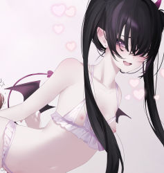 Rule 34 | 1girl, :d, bikini, black hair, blush, breasts, censored, demon tail, demon wings, earrings, erection, fangs, heart, heart-shaped pupils, jewelry, long hair, looking at viewer, low wings, migihidari (puwako), mosaic censoring, navel, nipples, open mouth, original, penis, pointy ears, purple bikini, purple eyes, small breasts, smile, solo, swimsuit, symbol-shaped pupils, tail, twintails, wings