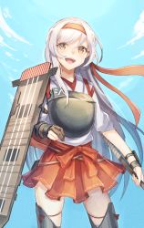 Rule 34 | 10s, 1girl, bow (weapon), brown eyes, gi (melmail), gloves, headband, highres, japanese clothes, kantai collection, long hair, muneate, open mouth, shoukaku (kancolle), shoukaku kai ni (kancolle), silver hair, skirt, smile, solo, weapon