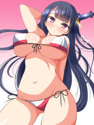 Rule 34 | 10s, 1girl, bikini, black hair, blush, breasts, cleavage, curvy, deego (omochi bazooka), covered erect nipples, female focus, fusou (kancolle), huge breasts, kantai collection, long hair, looking at viewer, navel, purple eyes, solo, standing, swimsuit