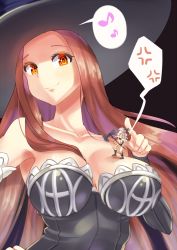 Rule 34 | 2girls, amazon (dragon&#039;s crown), anger vein, bare shoulders, breasts, detached sleeves, dragon&#039;s crown, giant, giantess, hat, kazo (kazozakazo), large breasts, long hair, looking at viewer, mini person, minigirl, multiple girls, musical note, quaver, red eyes, red hair, simple background, smile, sorceress (dragon&#039;s crown), speech bubble, spoken anger vein, spoken musical note, witch hat
