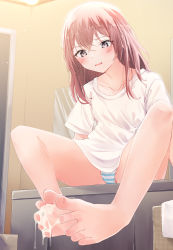 Rule 34 | 1girl, after footjob, bar censor, barefoot, blue panties, blush, breasts, censored, collarbone, commentary request, crossed bangs, cum, cum on body, cum on feet, cum on legs, ejaculation, eyelashes, feet, feet together, foot focus, grey eyes, highres, indoors, inui sajuna, knees apart feet together, kou futoshi, leaning forward, legs, long hair, looking down, no pants, oversized clothes, oversized shirt, panties, pantyshot, pink hair, shiny skin, shirt, short sleeves, sidelocks, sitting, small breasts, solo, sono bisque doll wa koi wo suru, spread toes, striped clothes, striped panties, teeth, thighs, toenails, toes, underwear, upper teeth only, white panties