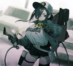 Rule 34 | 1girl, backpack, bad id, bad pixiv id, bag, baseball cap, belt, black gloves, black shorts, blurry, blurry background, breasts, closed mouth, commentary request, contrapposto, depth of field, gloves, green eyes, green hair, hair over one eye, hat, highres, holding, kamameshi gougoumaru, large breasts, leg strap, looking at viewer, motor vehicle, one eye covered, original, shirt, shorts, slit pupils, solo, standing, thigh strap, van, white hat, white shirt