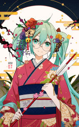 Rule 34 | 1girl, 2022, ahoge, arrow (projectile), bell, branch, closed mouth, commentary request, cowboy shot, flower, glasses, green eyes, green hair, hair bell, hair between eyes, hair flower, hair ornament, hanamoto410, hatsune miku, head tilt, highres, holding, holding arrow, japanese clothes, kimono, long hair, long sleeves, looking at viewer, nengajou, new year, obi, obijime, sash, smile, solo, twintails, v-shaped eyebrows, vocaloid, wide sleeves