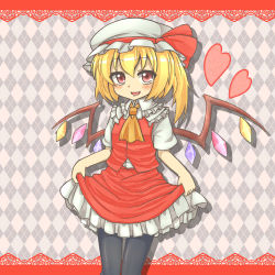 Rule 34 | 1girl, argyle, argyle background, argyle clothes, ascot, black pantyhose, blonde hair, blush, bow, curtsey, fang, female focus, flandre scarlet, hat, hat bow, hat ribbon, heart, jd (112731258), jd (bibirijd), letterboxed, open mouth, pantyhose, red eyes, ribbon, short hair, side ponytail, skirt, skirt hold, skirt set, smile, solo, touhou, wings