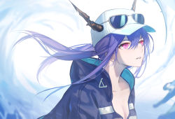 Rule 34 | 1girl, abstract background, absurdres, arknights, black jacket, blue background, blue hair, ch&#039;en (arknights), ch&#039;en the holungday (arknights), chinese commentary, commentary request, dragon horns, eyewear on head, hat, highres, horns, horns through headwear, jacket, long hair, looking afar, official alternate costume, open clothes, open jacket, parted lips, ponytail, red eyes, rhodes island logo (arknights), senkane, solo, sunglasses, white background, white hat