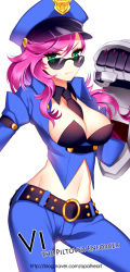 Rule 34 | 1girl, alternate costume, belt, between breasts, breasts, character name, cleavage, english text, green eyes, hat, large breasts, league of legends, long hair, looking at viewer, looking over eyewear, looking over glasses, midriff, navel, necktie, officer vi, opalheart, pink hair, police, police hat, police uniform, policewoman, simple background, solo, sunglasses, tinted eyewear, uniform, vi (league of legends), watermark, web address, white background