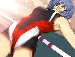 Rule 34 | armpits, ayanami rei, blue hair, covered mouth, from below, high-waist shorts, high jump, motion blur, neon genesis evangelion, playing sports, red eyes, short shorts, shorts, solo, sparkle, track and field
