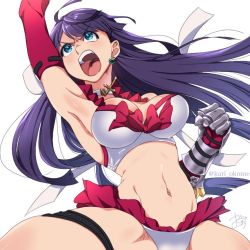 Rule 34 | 1girl, armpits, bad id, bad twitter id, bikini, blue eyes, breasts, choker, earrings, elbow gloves, fate/stay night, fate (series), frilled skirt, frills, gauntlets, gloves, groin, jewelry, kari okome, legs apart, long hair, martha (fate), martha (swimsuit ruler) (fate), martha (swimsuit ruler) (third ascension) (fate), navel, necklace, open mouth, punching, purple hair, rosary, skirt, solo, swimsuit, thigh strap, white background