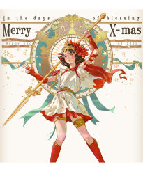 Rule 34 | 1girl, absurdres, brown hair, christmas, dress, english text, gloves, hair ornament, highres, holding, holding polearm, holding weapon, kooka2, looking at viewer, medium hair, original, polearm, red gloves, red socks, socks, spear, weapon, yellow eyes