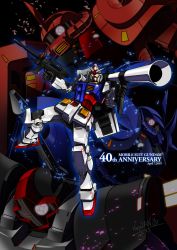 Rule 34 | absurdres, anniversary, bazooka (gundam), beam rifle, black background, close-up, copyright name, dom (mobile suit), dual wielding, energy gun, gouf, gun, gundam, heyzan, highres, holding, holding gun, holding weapon, horns, looking at viewer, looking up, mecha, mobile suit gundam, no humans, one-eyed, red eyes, robot, rx-78-2, single horn, weapon, yellow eyes, zaku ii s char custom, zeon