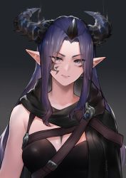 Rule 34 | 1girl, absurdres, black cape, breasts, cape, cleavage, closed mouth, dragon horns, facial mark, grey background, highres, horns, large breasts, long hair, looking at viewer, multiple horns, neonbeat, original, purple eyes, purple hair, single horn, solo, upper body