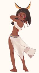 Rule 34 | 1girl, absurdres, adjusting clothes, animal ears, anklet, bandeau, barefoot, black hair, bracelet, commentary, dark-skinned female, dark skin, eds, english commentary, flat chest, from behind, highres, jackal ears, jewelry, loose hair strand, open mouth, original, red eyes, see-through, see-through shirt, skirt, solo, very dark skin, white bandeau, white skirt