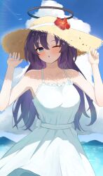 Rule 34 | 1girl, absurdres, aipa, blue archive, blue eyes, blush, breasts, cloud, cloudy sky, collarbone, day, dress, hair between eyes, halo, hat, highres, large breasts, long hair, mechanical halo, one eye closed, outdoors, parted lips, purple hair, sky, solo, straw hat, sundress, white dress, yuuka (blue archive)