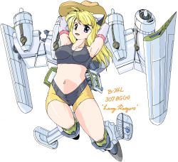Rule 34 | 1girl, aircraft, airplane, animal ears, armpits, arms behind head, b-24, blonde hair, blue eyes, bomber, character name, cowboy hat, elbow gloves, gloves, hat, long hair, mecha musume, military, military vehicle, nanashi (7th exp), original, parted lips, personification, simple background, solo, white background, world war ii