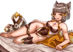 Rule 34 | 1girl, absurdres, animal ear fluff, animal ears, arm support, barefoot, blunt bangs, blush, boots, breasts, brown footwear, cat ears, chest jewel, core crystal (xenoblade), dagger, facial mark, full body, grey hair, hair ribbon, hand on own hip, highleg, highleg leotard, highres, knife, leotard, looking to the side, lying, nervous smile, nia (xenoblade), on side, oniisan02b, open mouth, ribbon, sheath, sheathed, short hair, small breasts, smile, solo, thigh strap, unworn boots, unworn sweater, weapon, white background, white leotard, xenoblade chronicles (series), xenoblade chronicles 2, yellow eyes, yellow ribbon