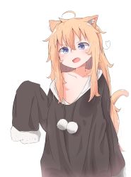 Rule 34 | 1girl, ahoge, animal ears, arm at side, blonde hair, blue eyes, blush, cat ears, cat tail, collarbone, commentary request, fang, gabriel dropout, gabriel tenma white, hair between eyes, highres, kemonomimi mode, long hair, looking at viewer, messy hair, open mouth, piyomi, simple background, sleeves past fingers, sleeves past wrists, solo, tail, v-shaped eyebrows, very long hair, white background