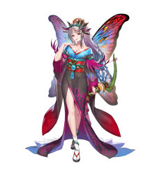 Rule 34 | 1girl, absurdres, bow (weapon), breasts, cleavage, commentary request, facial mark, fairy wings, fire emblem, fire emblem heroes, forehead mark, full body, gradient hair, hand up, highres, holding, holding bow (weapon), holding weapon, japanese clothes, kimono, large breasts, long hair, looking at viewer, multicolored hair, nintendo, obi, official art, open mouth, plumeria (fire emblem), pointy ears, ponytail, red eyes, sandals, sash, smile, solo, standing, tabi, teffish, weapon, white background, white legwear, wide sleeves, wings